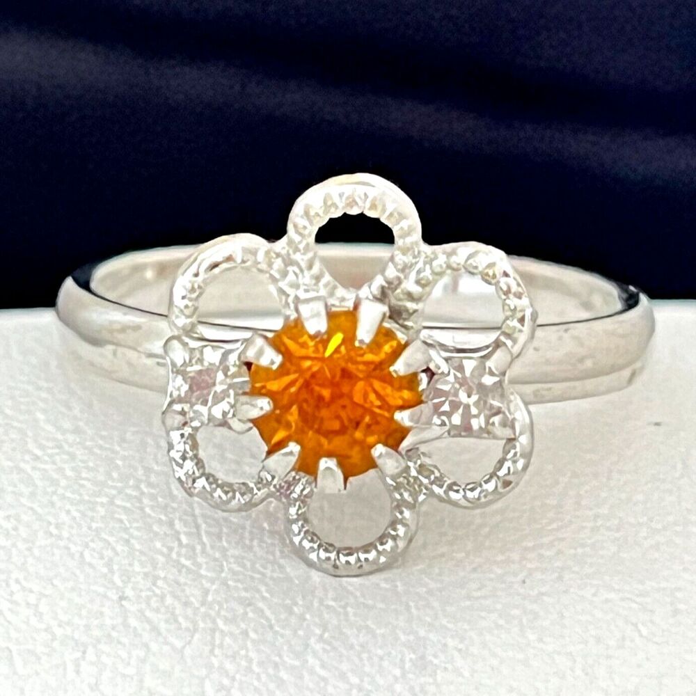 Vintage 1960s Cocktail Ring Mid Century Modern Orange Rhinestone Floral - 4I